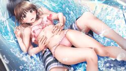Rule 34 | 1boy, 1girl, artist request, black hair, blush, brown hair, flat chest, frills, front-to-back, grabbing, grabbing from behind, hair tie, hands on another&#039;s stomach, highres, knees together feet apart, low twintails, lying, male swimwear, multicolored stripes, navel, official art, on back, open mouth, seifuku kanojo, short hair, sliding, sparkle, splashing, striped, sweatdrop, swim trunks, swimsuit, tamayori himari, thighs, twintails, water, water slide, yellow eyes