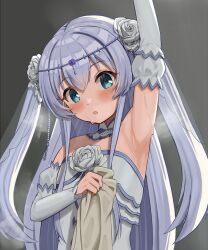 Rule 34 | 1girl, alternate costume, armpits, arms up, blue eyes, blue hair, blush, breasts, bridal veil, celia claire, commentary request, commission, detached sleeves, dress, flower, hair flower, hair ornament, highres, open mouth, presenting armpit, px-tea, seirei gensouki, skeb commission, small breasts, solo, steaming body, sweat, twintails, veil, wedding dress