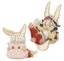 Rule 34 | 1other, animal ears, bad id, bad twitter id, closed eyes, falling, furry, green eyes, highres, hugging doll, hugging object, kawasemi27, made in abyss, mitty (made in abyss), nanachi (made in abyss), open mouth, other focus, surprised, tail, white background, white hair