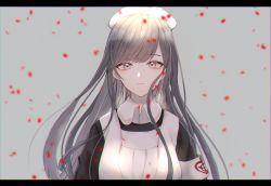 Rule 34 | 1girl, akitama2727, apron, black dress, closed mouth, dress, frown, grey background, grey eyes, grey hair, hair between eyes, hat, letterboxed, long hair, looking at viewer, nurse, nurse cap, petals, reality arc (sinoalice), simple background, sinoalice, snow white (sinoalice), solo