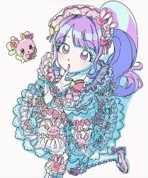 Rule 34 | 1girl, :o, animal print, blunt bangs, dress, finger to own chin, frilled dress, frilled socks, frills, from above, hairband, hand up, highres, ku (kuooss), lolita fashion, lolita hairband, long hair, looking at viewer, manaka non, open mouth, pink footwear, pretty series, pripara, purple eyes, purple hair, rabbit print, side ponytail, simple background, sitting, socks, solo, sweet lolita, usacha, very long hair, white background, white dress, wrist cuffs