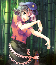 Rule 34 | 1girl, bamboo, beret, black eyes, black hair, china dress, chinese clothes, dress, female focus, forest, hat, maki (seventh heaven maxion), miyako yoshika, nature, ofuda, outstretched arms, short hair, solo, star (symbol), tongue, touhou, walking, zombie pose