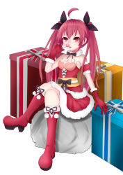 Rule 34 | 1girl, absurdres, ahoge, bare shoulders, boots, breasts, candy, christmas, cleavage, commentary request, date a live, detached collar, dress, food, full body, fur trim, gift, gloves, hair ribbon, highres, itsuka kotori, knee boots, crossed legs, licking, lollipop, long hair, looking at viewer, red dress, red eyes, red footwear, red gloves, red hair, ribbon, santa costume, simple background, sitting, sitting on object, small breasts, solo, strapless, strapless dress, tube dress, twintails, very long hair, white background