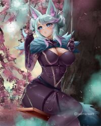 Rule 34 | 1girl, animal ear fluff, animal ears, artist name, black dress, black gloves, blue eyes, blue hair, breasts, cherry blossoms, cleavage, cleavage cutout, clothing cutout, commentary, covered navel, dress, elbow gloves, english commentary, fur-trimmed dress, fur trim, gloves, highres, isamaraart, large breasts, long hair, looking at viewer, multicolored hair, navel, pink hair, see-through, see-through dress, silvervale, silvervale (corrupted raven), streaked hair, swept bangs, swing, tree, virtual youtuber, vshojo, wolf ears, wolf girl
