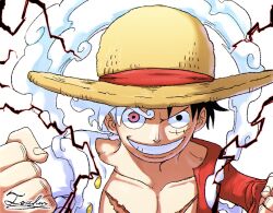 Rule 34 | 1boy, black hair, clenched hand, close-up, commentary request, electricity, gear fifth, hagoromo, hat, highres, looking at viewer, male focus, monkey d. luffy, one piece, open clothes, open shirt, pink eyes, red shirt, scar, scar on chest, scar on face, shawl, shirt, signature, simple background, smile, solo, straw hat, tacchan56110, thick eyebrows, upper body, white background, white hair