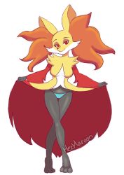 Rule 34 | 1girl, :3, animal ear fluff, animal ears, animal hands, artist name, barefoot, blue panties, breasts, closed mouth, clothed pokemon, creatures (company), crossed legs, delphox, female focus, flashing, fox ears, full body, furry, furry female, game freak, gen 6 pokemon, half-closed eyes, happy, highres, jpeg artifacts, lifting own clothes, looking at viewer, medium breasts, mezmaroon, nintendo, panties, pokemon, pokemon (creature), red eyes, signature, simple background, smile, solo, standing, underwear, white background