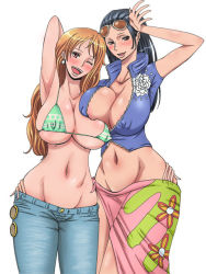 Rule 34 | 2girls, alternate breast size, arm up, armpits, asymmetrical docking, bikini, bikini top only, black hair, blue shirt, blush, breast press, breasts, breasts squeezed together, brown eyes, brown hair, cleavage, collarbone, covered erect nipples, cowboy shot, crop top, curvy, denim, earrings, eyewear on head, floral print, flower, glasses, groin, hair slicked back, hand on own hip, head tilt, huge breasts, jeans, jewelry, long hair, looking at viewer, lowleg, midriff, mikanberry, multiple girls, nami (one piece), navel, nico robin, nipple slip, nipples, no bra, no panties, one eye closed, one piece, open clothes, open mouth, open shirt, orange eyes, orange hair, pants, pink skirt, revealing clothes, sarong, shiny skin, shirt, short sleeves, side slit, simple background, skindentation, skirt, smile, sunglasses, swimsuit, thick thighs, thighs, underboob, unzipped, white background, wide hips, wink, zipper