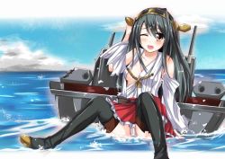 Rule 34 | 10s, 1girl, arm up, bad id, bad pixiv id, bare shoulders, black hair, boots, breasts, brown eyes, cannon, hairband, hand on own head, haruna (kancolle), kantai collection, nontraditional miko, open mouth, panties, personification, skirt, smile, solo, tailam, thigh boots, thighhighs, torn clothes, underwear, water, white panties