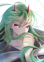 Rule 34 | 1girl, absurdres, alternate costume, black cape, blurry, budgiepon, c.c., cape, code geass, collarbone, commentary, cosplay, darling in the franxx, demon girl, demon horns, depth of field, eyelashes, forehead tattoo, green hair, hair between eyes, hair spread out, highres, horns, long hair, looking at viewer, nose, nude, simple background, solo, two-tone cape, v-shaped eyebrows, very long hair, white background, white cape, wind, wind lift, yellow eyes, zero two (darling in the franxx), zero two (darling in the franxx) (cosplay)