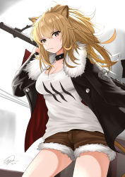 Rule 34 | 1girl, animal ears, arknights, artist name, black choker, black jacket, blonde hair, blush, breasts, brown eyes, brown shorts, choker, cleavage, commentary, cowboy shot, fur-trimmed jacket, fur-trimmed shorts, fur trim, hair between eyes, highres, holding, holding weapon, jacket, jcf, lion ears, long hair, long sleeves, looking at viewer, medium breasts, mouth hold, over shoulder, shirt, short shorts, shorts, siege (arknights), signature, solo, standing, t-shirt, thighs, weapon, weapon over shoulder, white background, white shirt