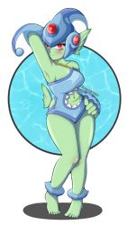Rule 34 | 1girl, alternate costume, blush, breasts, clothing cutout, digimon, fins, frog, frog girl, helmet, navel cutout, one-piece swimsuit, ranamon, red eyes, solo, swimsuit