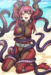 Rule 34 | 1girl, absurdres, beach, bodysuit, commission, commissioner upload, consensual tentacles, heterochromia, highres, hololive, hololive english, houshou marine, injuotoko, ninomae ina&#039;nis, non-web source, ocean, open mouth, red eyes, red hair, ribbon, tentacles, totally spies, virtual youtuber, yellow eyes