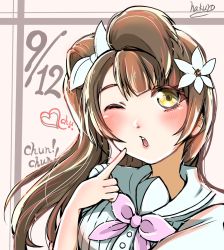Rule 34 | 1girl, :o, a song for you! you? you!, arm scrunchie, artist name, artist request, blush, bow, breasts, brown eyes, brown hair, collarbone, female focus, flower, grey hair, hair bow, hair flower, hair ornament, hakuro aqua, heart, highres, light brown hair, long hair, love live!, love live! school idol festival, love live! school idol project, minami kotori, neckerchief, parted lips, pink neckerchief, pink scrunchie, ponytail, sailor collar, scrunchie, shirt, side ponytail, small breasts, smile, solo, white bow, white flower, white shirt