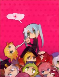 Rule 34 | boots, character request, closed mouth, disembodied head, fork, gumi, hair ornament, hairband, hairclip, haru (oomr005), hatsune miku, highres, holding, holding fork, ia (vocaloid), kagamine rin, lily (vocaloid), long hair, long sleeves, megurine luka, meiko (vocaloid), multiple girls, pink background, red footwear, sf-a2 miki, short hair, simple background, sitting, sweater, thought bubble, turtleneck, turtleneck sweater, vocaloid, yuzuki yukari