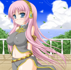 Rule 34 | 00s, 1girl, bad id, bad pixiv id, blue eyes, blush, breasts, cloud, covered erect nipples, large breasts, leaf, long hair, looking at viewer, megurine luka, midriff, navel, ocean, outdoors, pink hair, plant, qy73, sky, smile, solo, standing, vocaloid, water, wind