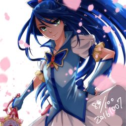 Rule 34 | 1girl, alternate eye color, blue hair, brooch, butterfly hair ornament, closed mouth, cowboy shot, cure aqua, cure fleuret, dated, green eyes, hair ornament, hand on own hip, holding, jewelry, long hair, looking at viewer, magical girl, minazuki karen, ponytail, precure, simple background, skirt, smile, solo, vest, white background, white skirt, yes! precure 5, yes! precure 5 gogo!, yoji.