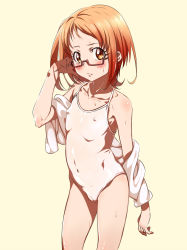 Rule 34 | 10s, 1girl, blush, cameltoe, covered erect nipples, embarrassed, eyelashes, flat chest, glasses, hand in own hair, looking at viewer, matching hair/eyes, navel, niko (tama), one-piece swimsuit, orange eyes, orange hair, precure, red-framed eyewear, school swimsuit, see-through, shirabe ako, short hair, simple background, solo, suite precure, swimsuit, towel, uncensored, wet, white background, white one-piece swimsuit, white school swimsuit