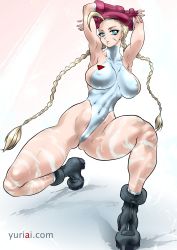 Rule 34 | 1girl, absurdres, armpits, arms up, bare legs, blonde hair, blue eyes, boots, braid, breasts, cammy white, capcom, curvy, female focus, fingerless gloves, full body, gloves, hat, highleg, highres, large breasts, leotard, long hair, nipples, partially visible vulva, shiny skin, solo, street fighter, thong leotard, white leotard, yuri ai