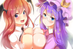 Rule 34 | 2girls, :/, :d, abi (abimel10), bespectacled, blue eyes, blurry, blush, breast press, breasts, crescent, crescent hair ornament, depth of field, glasses, hair ornament, hat, koakuma, large breasts, long hair, looking at viewer, mob cap, multiple girls, open mouth, patchouli knowledge, purple hair, red eyes, red hair, simple background, smile, symmetrical docking, touhou, white background
