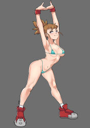 Rule 34 | 1girl, absurdres, armpits, arms up, bikini, blue bikini, boots, breasts, brown eyes, brown hair, cammy stretch (meme), closed mouth, collarbone, digimon, digimon tamers, full body, gez1313, grey background, highres, large breasts, makino ruki, matching hair/eyes, micro bikini, navel, red footwear, short hair, short ponytail, simple background, socks, solo, standing, street fighter, street fighter 6, stretching, swimsuit, white socks, wristband