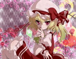 Rule 34 | 1girl, blonde hair, bow, colorized, crystal, female focus, flandre scarlet, from side, gotou nao, hair between eyes, hat, hat bow, mob cap, puffy sleeves, red eyes, rururu (athletic-meet), short sleeves, side ponytail, smile, solo, touhou, wings, wrist cuffs