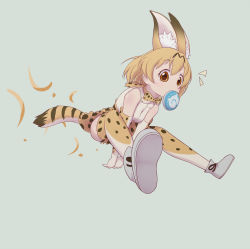 Rule 34 | 10s, 1girl, animal ears, blonde hair, boots, bow, bowtie, elbow gloves, food, food in mouth, gloves, highres, japari bun, jumping, kemono friends, mugisepa, multicolored hair, serval (kemono friends), serval print, serval tail, short hair, skirt, solo, tail, thighhighs, vest, yellow eyes