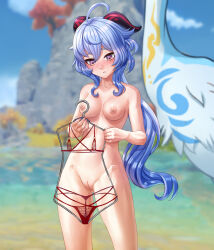 Rule 34 | 1girl, 3d background, bird, blue hair, blue sky, blurry, blurry background, blush, bra, breasts, cleavage, cleft of venus, clothes hanger, cloud, cloud retainer (genshin impact), cloudy sky, collarbone, commentary, completely nude, crane (animal), depth of field, embarrassed, english commentary, ganyu (genshin impact), genshin impact, gluteal fold, goat horns, hair between eyes, head tilt, highres, holding clothes hanger, horns, lingerie, long hair, low ponytail, luizhtx, medium breasts, micro bra, micro panties, navel, nipples, nude, panties, pants, parted lips, pussy, red bra, red pants, sidelocks, sky, solo focus, stomach, towel, underwear, water, xianyun (genshin impact)