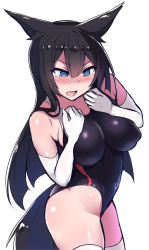 Rule 34 | 1girl, animal ears, black hair, blue eyes, blush, breasts, cleavage, competition swimsuit, covered navel, cowboy shot, eyebrows, female focus, fox ears, fox tail, full-face blush, gloves, groin, impossible clothes, impossible swimsuit, large breasts, long hair, one-piece swimsuit, open mouth, original, rinka (ruuku), ruuku (azukieru), simple background, sketch, solo, swimsuit, tail, tears, thighhighs, very long hair, white background, white gloves, white thighhighs