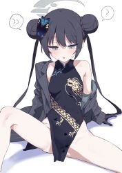 Rule 34 | 1girl, bad id, bad pixiv id, bare shoulders, black dress, black gloves, black hair, blue archive, blue eyes, braid, braided bun, breasts, butterfly hair ornament, china dress, chinese clothes, commentary, covered navel, double bun, dragon print, dress, gloves, grey eyes, grey jacket, hair bun, hair ornament, halo, highres, jacket, kisaki (blue archive), kiyu rei, long hair, off shoulder, pelvic curtain, print dress, short dress, side slit, sitting, sleeveless, sleeveless dress, small breasts, solo, spread legs, striped clothes, striped jacket, twintails, vertical-striped clothes, vertical-striped jacket