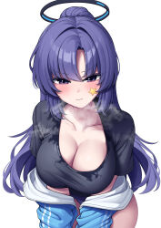 Rule 34 | 1girl, absurdres, black shirt, blue archive, blue jacket, blush, breasts, buruma, cleavage, collarbone, gym uniform, hair between eyes, halo, highres, jacket, large breasts, metaljelly, off shoulder, purple eyes, purple hair, shirt, simple background, star sticker, steam, steaming body, sticker on face, sweat, v-shaped eyebrows, wet, wet clothes, white background, yuuka (blue archive), yuuka (track) (blue archive)