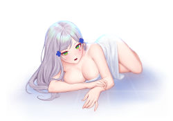 Rule 34 | 1girl, blurry, breasts, cleavage, cross hair ornament, depth of field, facial mark, girls&#039; frontline, green eyes, hair ornament, hk416 (girls&#039; frontline), large breasts, long hair, looking at viewer, lying, naked towel, on floor, open mouth, silver hair, siun, solo, towel, wet, white background