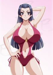 Rule 34 | 1girl, alternate breast size, arm behind head, arm up, armpits, bare arms, bare shoulders, black hair, breasts, casual one-piece swimsuit, cleavage, closed mouth, commentary request, feet out of frame, firewarstorm, gradient background, hand on own hip, highres, huge breasts, kongou mitsuko, light blush, long hair, looking at viewer, navel, o-ring, o-ring swimsuit, one-piece swimsuit, pink background, red one-piece swimsuit, smile, solo, standing, stomach, swimsuit, toaru kagaku no railgun, toaru majutsu no index, v-shaped eyebrows, white background