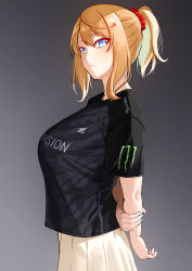 Rule 34 | 1girl, absurdres, arms behind back, asakura kukuri, black shirt, blonde hair, blue eyes, blue nails, blush, breasts, closed mouth, clothes writing, commentary request, from side, gradient background, hair between eyes, hair ornament, hair scrunchie, hand on own arm, highres, large breasts, long hair, looking at viewer, looking to the side, mole, mole under mouth, monster energy, nail polish, original, ponytail, red scrunchie, scrunchie, shirt, short sleeves, sidelocks, skirt, solo, white skirt