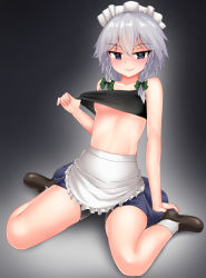 Rule 34 | 1girl, alternate costume, apron, bare arms, bare shoulders, bike shorts, black eyes, black footwear, blue skirt, blush, bow, braid, breasts, clothes pull, collarbone, cowfee, full body, green bow, hair between eyes, hair bow, highres, izayoi sakuya, looking at viewer, maid headdress, midriff, naughty face, navel, parted lips, shirt pull, shoes, shorts, shorts under skirt, silver hair, sitting, skirt, small breasts, smile, socks, solo, stomach, tank top, touhou, tsurime, twin braids, underboob, waist apron, wariza, white socks