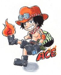 Rule 34 | 1boy, character name, chibi, fire, hat, male focus, marker (medium), moamoa (etsu1443), one piece, portgas d. ace, topless male, shorts, solo, traditional media