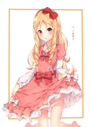 Rule 34 | 10s, 1girl, bare legs, barefoot, blonde hair, blush, bow, brown eyes, clothes lift, dress, dress lift, drill hair, eromanga sensei, hair bow, hairband, highres, hinamaru, kneeling, lifting own clothes, lolita fashion, long hair, looking at viewer, panties, panty pull, pink dress, pink panties, pointy ears, red bow, solo, twin drills, underwear, white bow, yamada elf