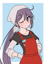 Rule 34 | 1girl, ;), ahoge, akebono (kancolle), alternate hairstyle, apron, black shirt, blue background, blush, border, button eyes, buttons, closed mouth, collarbone, commentary request, cowboy shot, gloves, hair between eyes, hair ornament, hairclip, hands on own hips, head scarf, kantai collection, layered sleeves, long hair, long sleeves, low ponytail, name tag, nose blush, one eye closed, outside border, purple eyes, purple hair, red apron, shirt, simple background, sleeves rolled up, smile, solo, sweatdrop, upper body, very long hair, white border, white gloves, yuki to hana