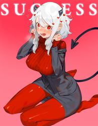 Rule 34 | 1girl, black horns, black suit, blush, breasts, breath, demon girl, demon horns, demon tail, formal, glorious success, heart, heart-shaped pupils, helltaker, highres, horns, kare huang, large breasts, long sleeves, looking at viewer, modeus (helltaker), pantyhose, red eyes, red pantyhose, red sweater, ribbed sweater, shirt, short hair, sleeves past wrists, solo, suit, sweater, symbol-shaped pupils, tail, turtleneck, white hair