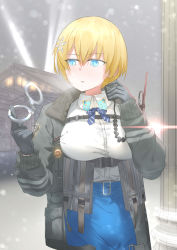 Rule 34 | 1girl, belt, black gloves, black jacket, black pantyhose, blonde hair, blue belt, blue eyes, blue skirt, breasts, buckle, building, collared shirt, commentary, cowboy shot, cuffs, girls&#039; frontline, gloves, hair between eyes, hair ornament, handcuff dangle, handcuffs, highres, jacket, large breasts, long sleeves, looking to the side, magazine (weapon), miniskirt, no mole, open clothes, open jacket, outdoors, pantyhose, parted lips, pillar, shirt, shirt tucked in, short hair, sidelocks, skirt, snap-fit buckle, snowflake hair ornament, snowing, solo, standing, tr07, vsk-94 (girls&#039; frontline), walkie-talkie, white shirt