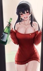 Rule 34 | 1girl, :d, absurdres, bare shoulders, black hair, bottle, breasts, cleavage, collarbone, cowboy shot, doorway, dress, drunk, earrings, gold earrings, hairband, hands up, highres, holding, holding bottle, jewelry, large breasts, long hair, looking at viewer, no legwear, no pants, off-shoulder sweater, off shoulder, open mouth, red eyes, red sweater, ronabel, sidelocks, smile, solo, spy x family, straight hair, sweater, sweater dress, teeth, thighs, upper teeth only, white hairband, yor briar