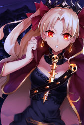Rule 34 | 1girl, :o, aruti, between breasts, black dress, blonde hair, bow, breasts, cape, detached collar, dress, dutch angle, earrings, ereshkigal (fate), fate/grand order, fate (series), glowing, glowing eyes, hair bow, highres, infinity symbol, jewelry, looking at viewer, medium breasts, necklace, night, night sky, outdoors, parted bangs, parted lips, red bow, red cape, red eyes, signature, sky, solo, spine, tiara, tohsaka rin, two side up, v-shaped eyebrows