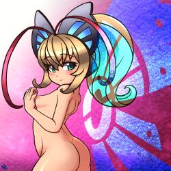 Rule 34 | antenna hair, ass, azure striker gunvolt, azure striker gunvolt 2, blonde hair, breasts, butt crack, butterfly hair ornament, butterfly wings, completely nude, hair ornament, highres, insect wings, joule (gunvolt), magonzuhamiti, nipples, nude, ponytail, small breasts, smile, wings