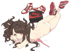 Rule 34 | 1girl, absurdres, ass, blush, bra, breasts, brown eyes, brown hair, butt crack, cloba, from above, full body, highres, idolmaster, idolmaster cinderella girls, long hair, looking at viewer, lying, on stomach, panties, shimamura uzuki, shoes, simple background, sneakers, solo, underwear, underwear only, unworn bra, white background, white panties