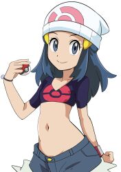 Rule 34 | 1girl, beanie, black hair, bracelet, closed mouth, commentary request, creatures (company), cropped shirt, dawn (pokemon), exposed pocket, eyelashes, game freak, grey eyes, grey shorts, hainchu, hair ornament, hairclip, hand up, hat, highres, holding, holding poke ball, jewelry, long hair, midriff, navel, nintendo, poke ball, poke ball (basic), poke ball print, pokemon, pokemon (anime), pokemon journeys, poketch, short sleeves, shorts, sidelocks, simple background, smile, solo, watch, white background, white hat, wristwatch