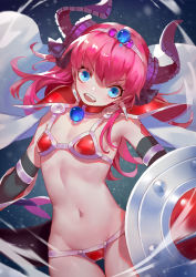 Rule 34 | 1girl, armor, bikini, bikini armor, blue eyes, blush, breasts, cape, choker, collarbone, commentary request, curled horns, dragon girl, dragon horns, dragon tail, elizabeth bathory (brave) (fate), elizabeth bathory (fate), fang, fate/grand order, fate (series), hair ribbon, head tilt, highres, holding, holding shield, horns, long hair, navel, open mouth, pauldrons, pink hair, pointy ears, purple ribbon, red armor, red choker, ribbon, shield, shoulder armor, small breasts, solo, string bikini, tail, thigh gap, tiara, timmy (tztime), two side up, vambraces, very long hair, white cape