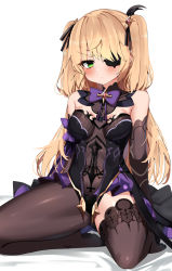 Rule 34 | 1girl, bad id, bad pixiv id, bare shoulders, black leotard, black ribbon, black thighhighs, blonde hair, blush, bodystocking, bow, bowtie, breasts, brown thighhighs, closed mouth, detached sleeves, expressionless, eyepatch, fischl (genshin impact), genshin impact, green eyes, hair ribbon, highres, kneeling, leotard, long hair, long sleeves, looking at viewer, medium breasts, one eye covered, purple bow, purple bowtie, ribbon, simple background, single thighhigh, solo, thighhighs, two side up, very long hair, w.k, white background