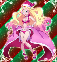 Rule 34 | 1girl, :d, adapted costume, armpits, bikini, blonde hair, choker, christmas, cure flora, earrings, eyebrows, flower, flower earrings, full body, gloves, go! princess precure, gradient hair, green eyes, haruno haruka, hat, jewelry, long hair, multicolored hair, nakahira guy, open mouth, pink bikini, pink hair, pink hat, precure, red hat, santa hat, shiny skin, shoes, smile, solo, sparkle, streaked hair, striped, striped background, swimsuit, thick eyebrows, two-tone hair, very long hair, white footwear, white gloves