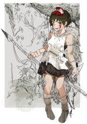 Rule 34 | 1girl, absurdres, bare arms, bare shoulders, black skirt, blood, blood on face, bob cut, boots, brown eyes, brown hair, cape, commentary, earrings, facepaint, facial mark, foliage, full body, fur, fur cape, headband, highres, hiranko, holding, holding knife, holding spear, holding weapon, huge filesize, jewelry, knife, looking at viewer, mask, mask on head, monochrome background, mononoke hime, necklace, open mouth, outside border, polearm, san (mononoke hime), shirt, short hair, signature, skirt, smile, solo, spear, studio ghibli, weapon, white footwear, white shirt