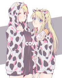 Rule 34 | 2girls, animal ears, animal print, arm at side, black dress, black shirt, blonde hair, blue eyes, blush, bottle, breasts, brown eyes, chihiroiai, closed mouth, cow ears, cow horns, cow print, cowboy shot, dress, english text, fake animal ears, fake horns, frown, fullmetal alchemist, hairband, hand up, highres, holding, holding bottle, hood, hooded jacket, horns, jacket, long hair, long sleeves, matching outfits, milk bottle, miniskirt, multiple girls, open clothes, open jacket, ponytail, print shirt, riza hawkeye, shirt, short dress, sidelocks, skirt, skirt set, smile, sweater, sweater dress, turtleneck, winry rockbell