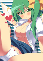 Rule 34 | 1girl, bad id, bad pixiv id, blush, bow, bow panties, breasts, cameltoe, cleavage, clothes lift, collarbone, daiyousei, fairy wings, green eyes, green hair, hair bow, heart, large breasts, long hair, looking at viewer, matching hair/eyes, midriff, no bra, oniku (shimofuri-ke), open clothes, open shirt, panties, puffy sleeves, shirt, short sleeves, side ponytail, sitting, skirt, skirt lift, smile, solo, spread legs, striped, striped background, touhou, underwear, upskirt, very long hair, white panties, wings
